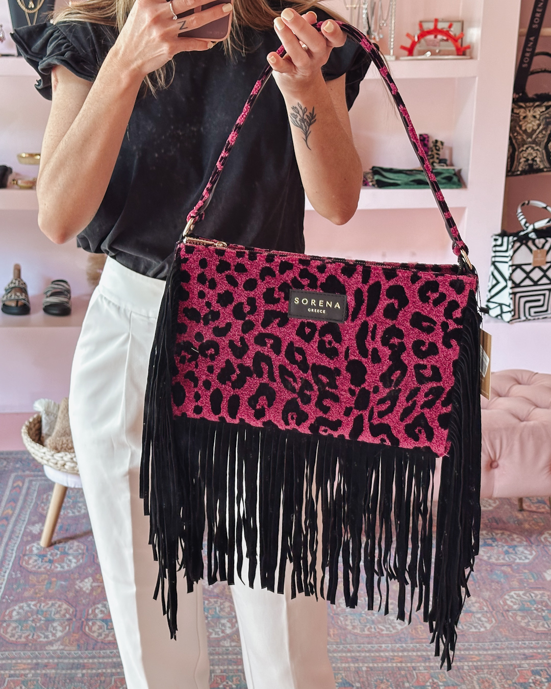 Leopard velvet magenta crossbody bag